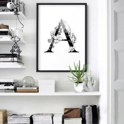 Custom Personalised Floral Watercolour B&W Initial - Art Print, Poster, Stretched Canvas or Framed Wall Art, shown framed in a home interior space