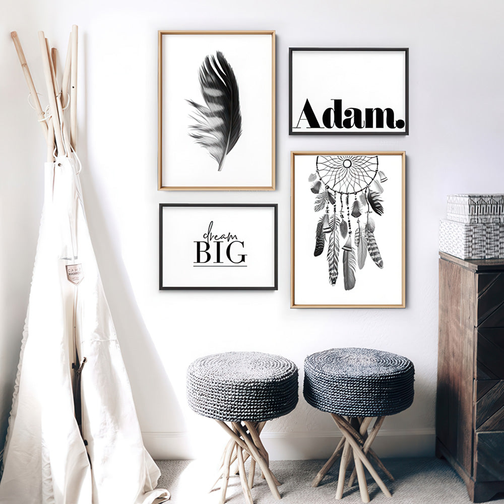 Custom Kids / Baby Name in Black - Art Print, Poster, Stretched Canvas or Framed Wall Art, shown framed in a home interior space