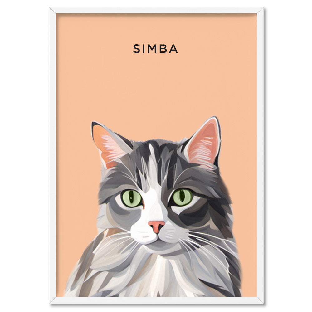Custom Cat Portrait | Illustration - Art Print, Poster, Stretched Canvas, or Framed Wall Art Print, shown in a white frame