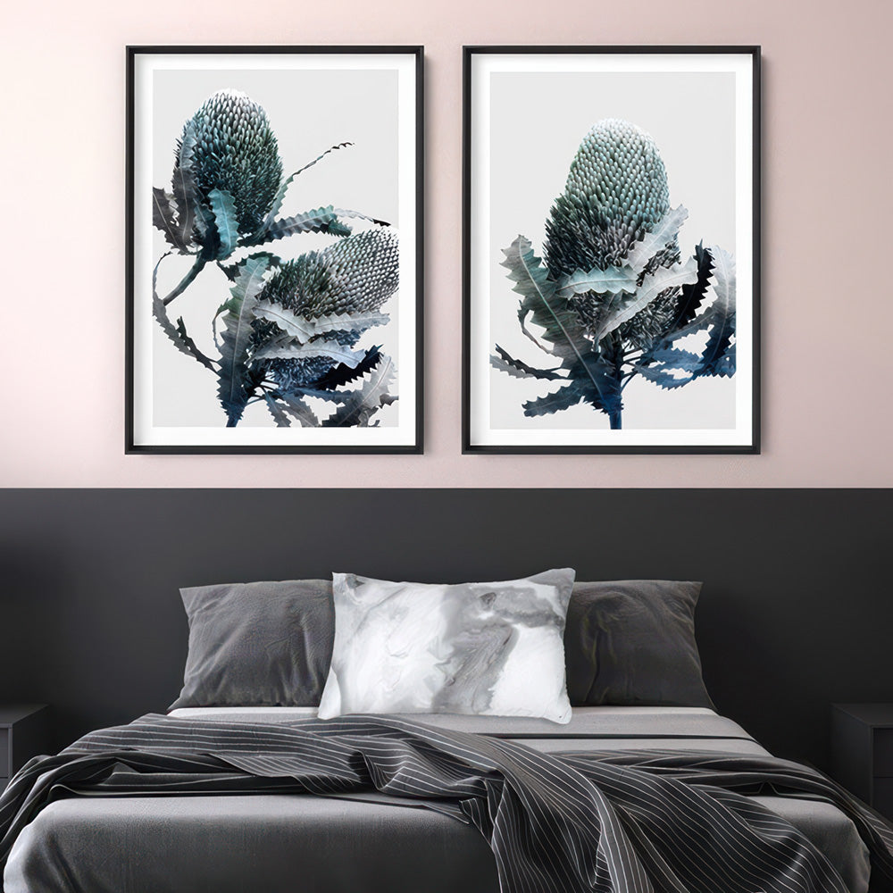 Banksia Blues Abstract I - Art Print, Poster, Stretched Canvas or Framed Wall Art, shown framed in a home interior space