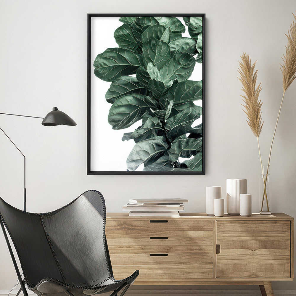 Fiddle Leaf Fig Watercolour I - Art Print, Poster, Stretched Canvas or Framed Wall Art Prints, shown framed in a room