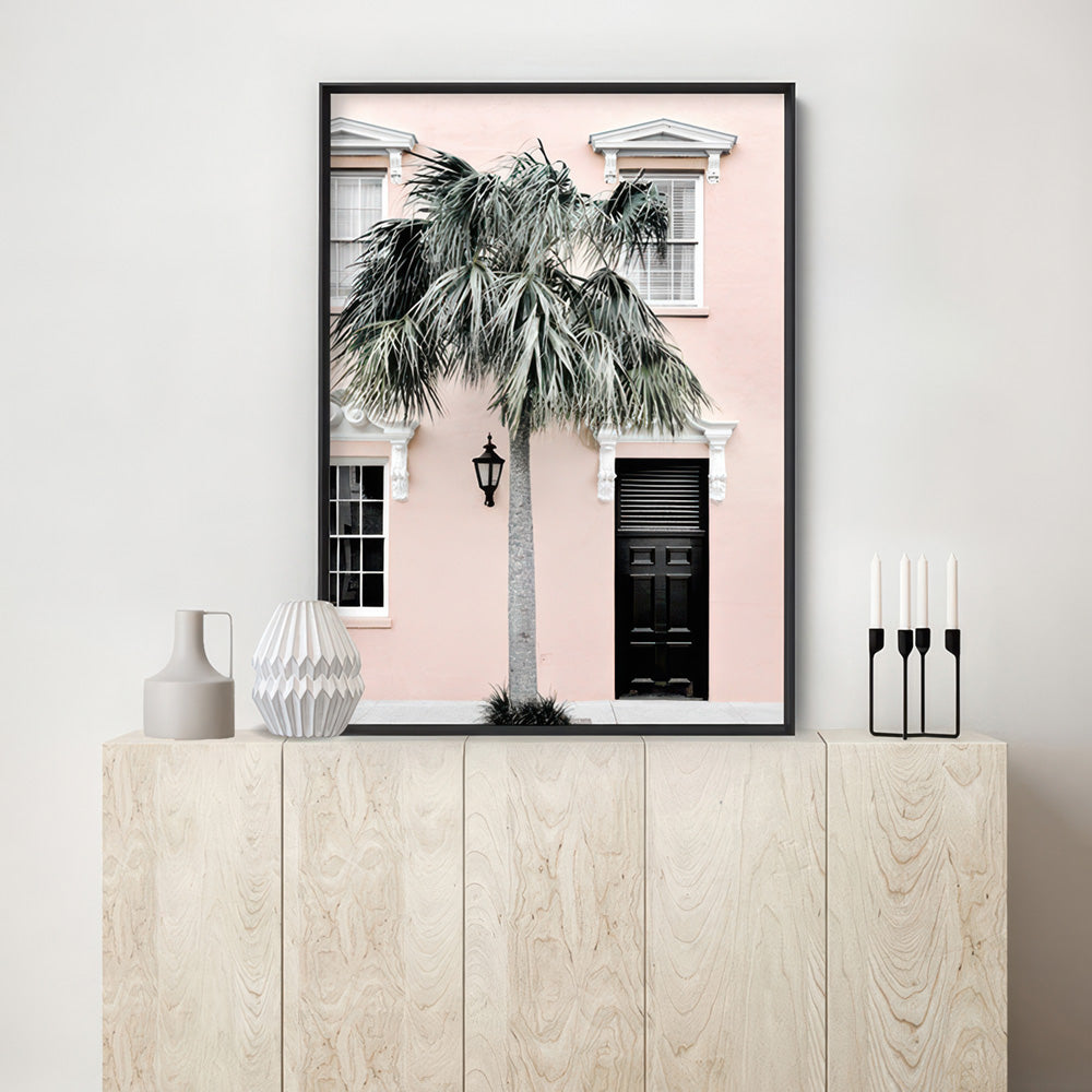 Palm Villa Doorway | Blush - Art Print, Poster, Stretched Canvas or Framed Wall Art Prints, shown framed in a room