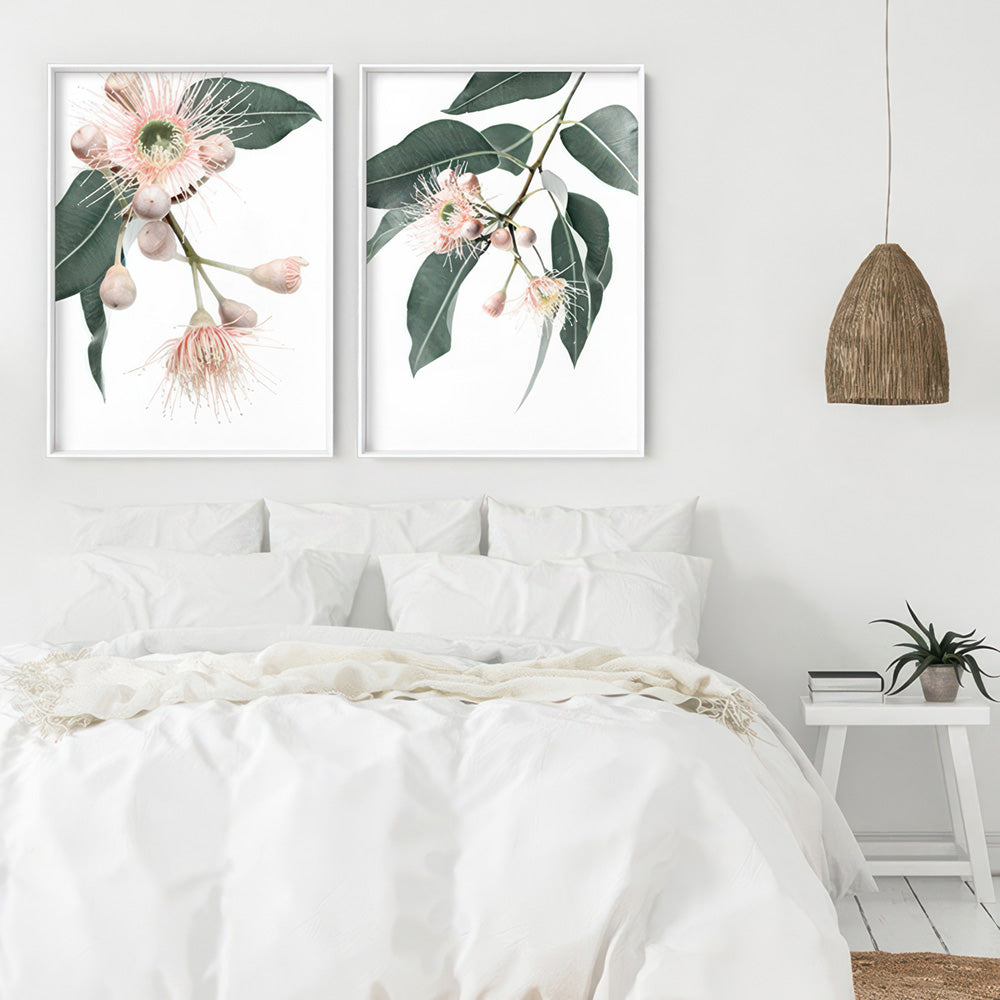 Flowering Eucalyptus in Blush II - Art Print, Poster, Stretched Canvas or Framed Wall Art, shown framed in a home interior space