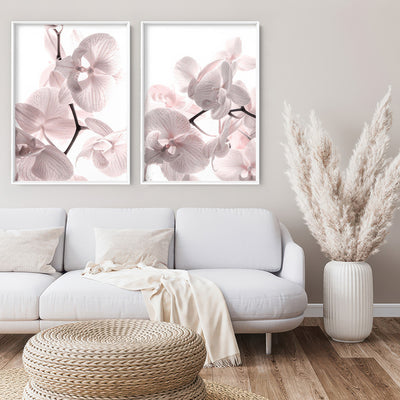 Pastel Orchid Blooms I - Art Print, Poster, Stretched Canvas or Framed Wall Art, shown framed in a home interior space