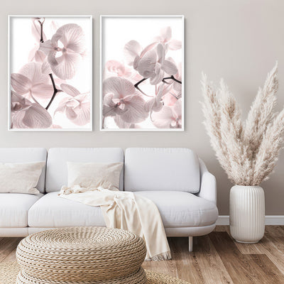 Pastel Orchid Blooms II - Art Print, Poster, Stretched Canvas or Framed Wall Art, shown framed in a home interior space