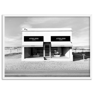 Marfa Store Texas in B&W - Art Print, Poster, Stretched Canvas, or Framed Wall Art Print, shown in a white frame