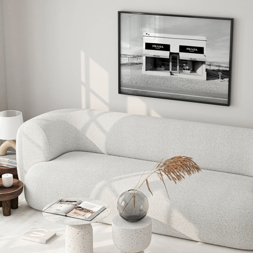 Marfa Store Texas in B&W - Art Print, Poster, Stretched Canvas or Framed Wall Art, shown framed in a home interior space