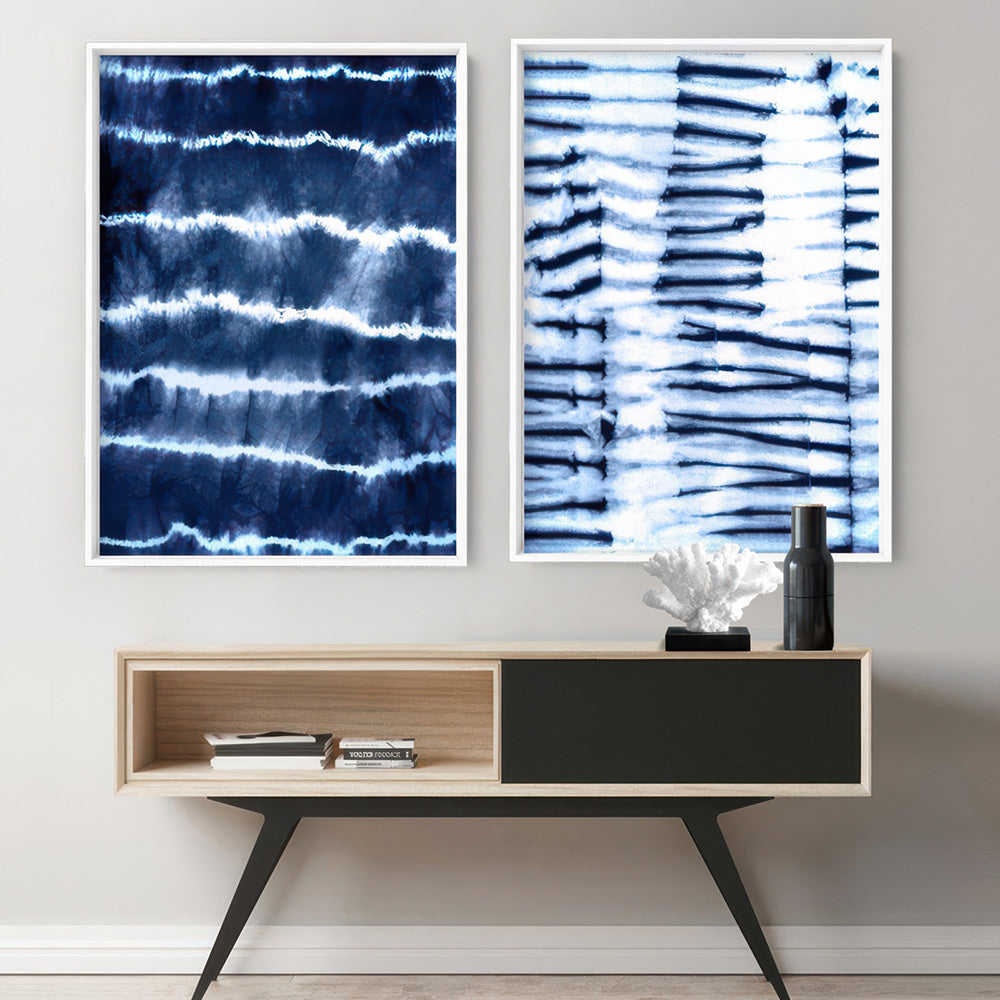 Shibori Indigo Tie Dye I - Art Print, Poster, Stretched Canvas or Framed Wall Art, shown framed in a home interior space