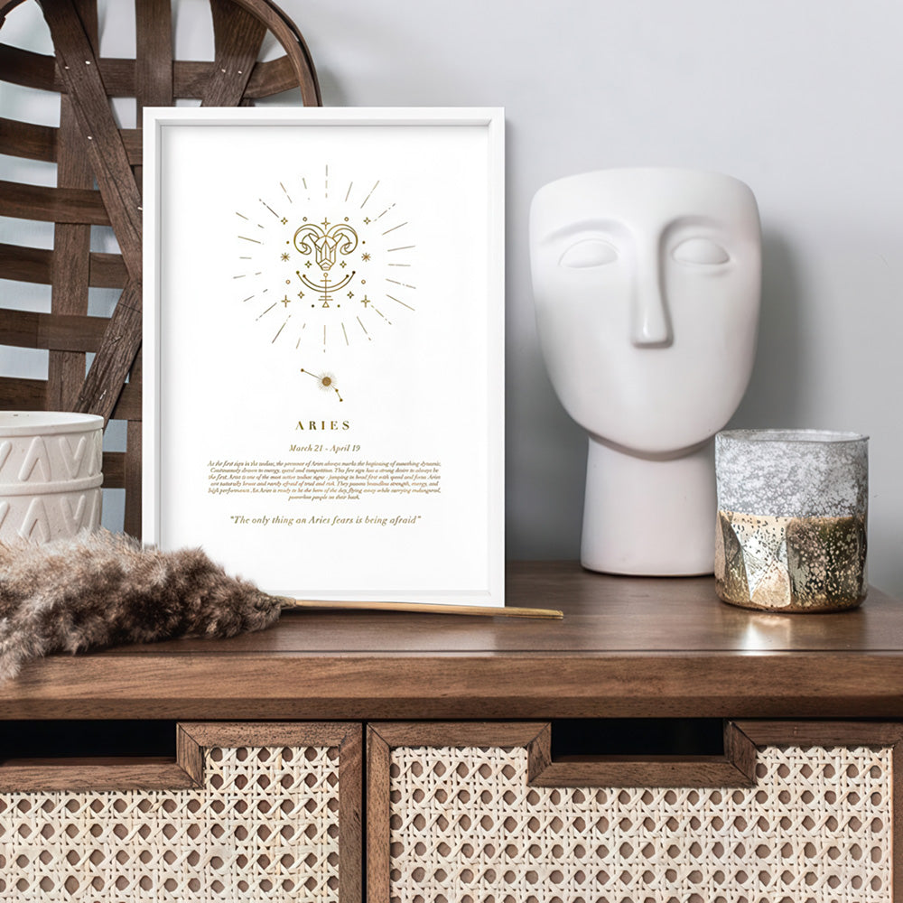 Aries Star Sign | Celestial Boho (faux look foil) - Art Print, Poster, Stretched Canvas or Framed Wall Art Prints, shown framed in a room