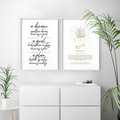 Scorpio Star Sign | Celestial Boho (faux look foil) - Art Print, Poster, Stretched Canvas or Framed Wall Art, shown framed in a home interior space