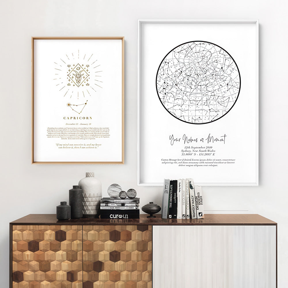 Capricorn Star Sign | Celestial Boho (faux look foil) - Art Print, Poster, Stretched Canvas or Framed Wall Art, shown framed in a home interior space