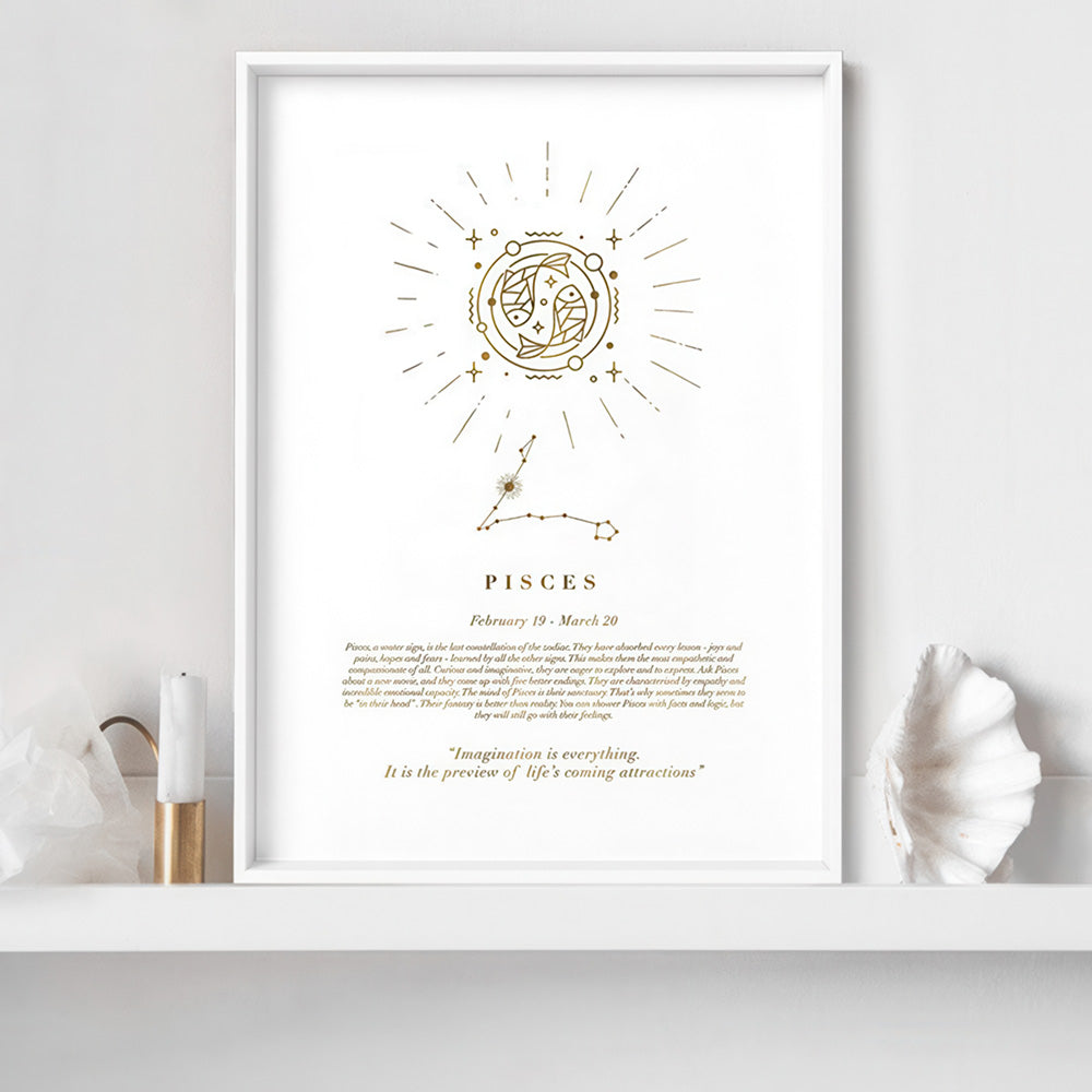 Pisces Star Sign | Celestial Boho (faux look foil) - Art Print, Poster, Stretched Canvas or Framed Wall Art Prints, shown framed in a room