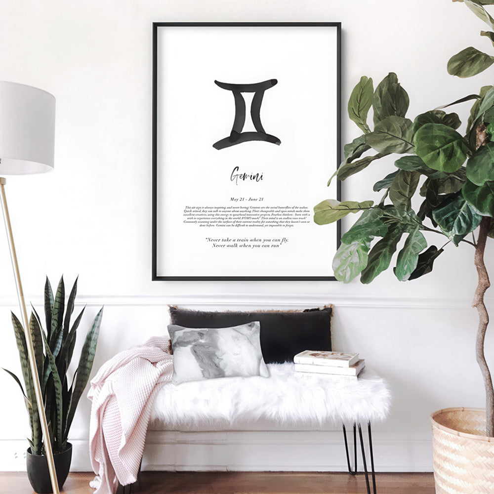 Gemini Star Sign | Watercolour Symbol - Art Print, Poster, Stretched Canvas or Framed Wall Art Prints, shown framed in a room