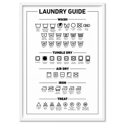 Laundry Guide | Care Symbols Chart - Art Print, Poster, Stretched Canvas, or Framed Wall Art Print, shown in a white frame