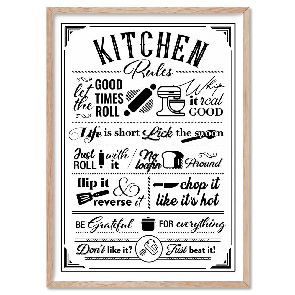 My Kitchen Rules - Art Print, Poster, Stretched Canvas, or Framed Wall Art Print, shown in a natural timber frame