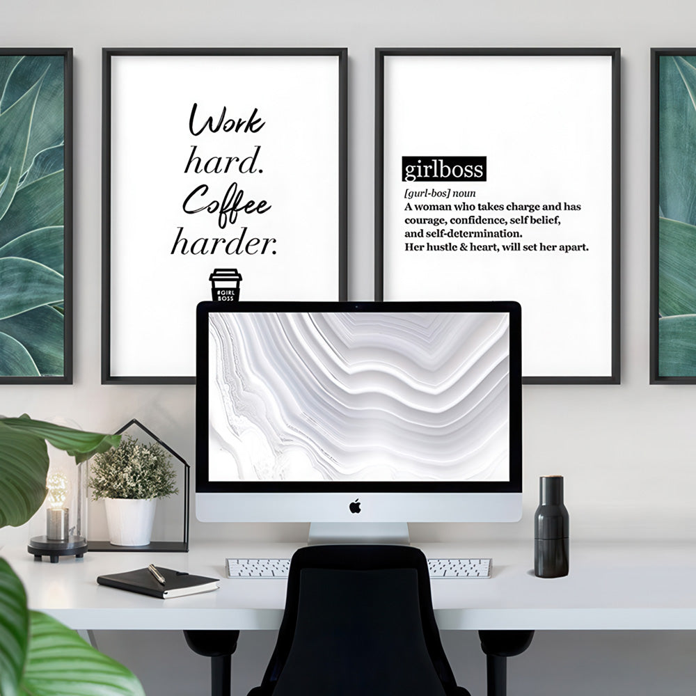 Work Hard, Coffee Harder - Art Print, Poster, Stretched Canvas or Framed Wall Art, shown framed in a home interior space