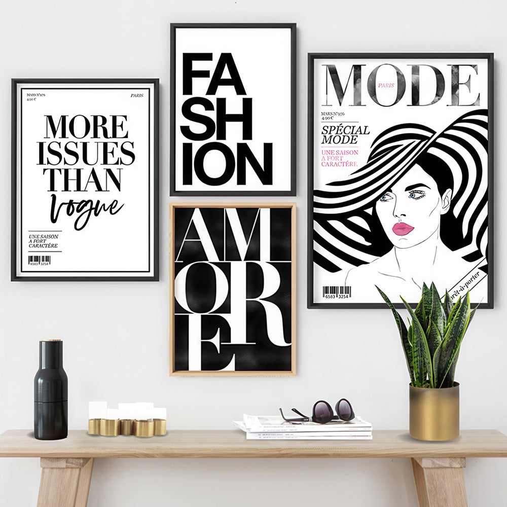 MODE French Fashion Magazine Cover - Art Print, Poster, Stretched Canvas or Framed Wall Art, shown framed in a home interior space