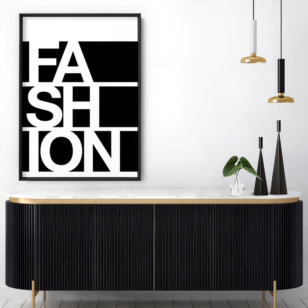 FASHION on black - Art Print, Poster, Stretched Canvas or Framed Wall Art Prints, shown framed in a room