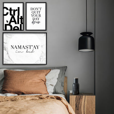 Namastay in Bed - Art Print, Poster, Stretched Canvas or Framed Wall Art, shown framed in a home interior space