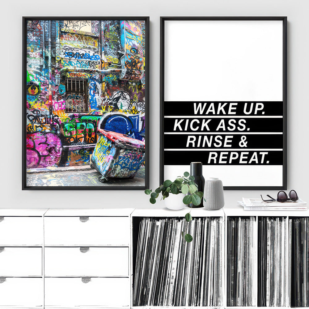 Melbourne Street Art / Hosier Lane Bin - Art Print, Poster, Stretched Canvas or Framed Wall Art, shown framed in a home interior space