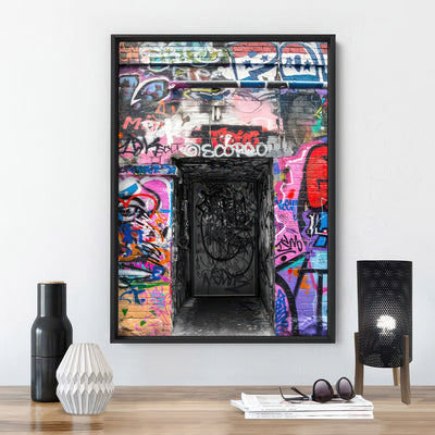 Melbourne Street Art / Hosier Lane Door I - Art Print, Poster, Stretched Canvas or Framed Wall Art Prints, shown framed in a room