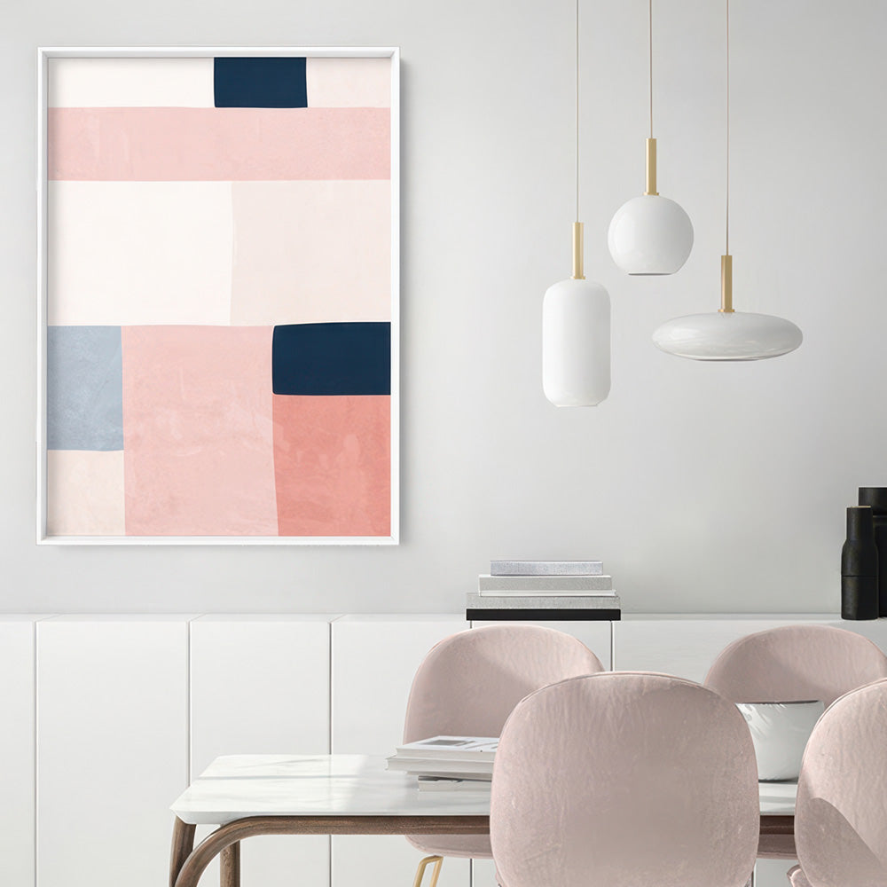 Abstract Blocks | Indigo & Blush I - Art Print, Poster, Stretched Canvas or Framed Wall Art Prints, shown framed in a room