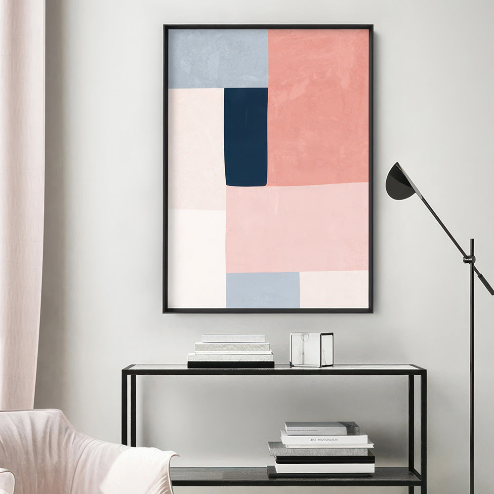 Abstract Blocks | Indigo & Blush II - Art Print, Poster, Stretched Canvas or Framed Wall Art Prints, shown framed in a room