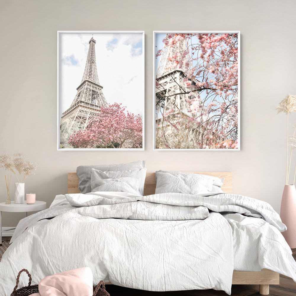 Eiffel Tower Paris | Cherry Blossom II - Art Print by Victoria's Stories, Poster, Stretched Canvas or Framed Wall Art, shown framed in a home interior space