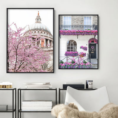 Purple Floral Terrace in London - Art Print by Victoria's Stories, Poster, Stretched Canvas or Framed Wall Art, shown framed in a home interior space