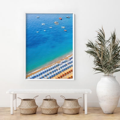 Positano Beach View I - Art Print by Victoria's Stories, Poster, Stretched Canvas or Framed Wall Art Prints, shown framed in a room