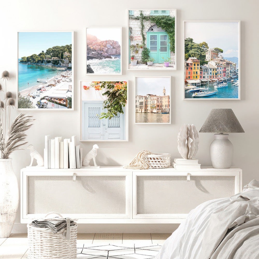 Cinque Terre Italian Coast | Sunrise - Art Print by Victoria's Stories, Poster, Stretched Canvas or Framed Wall Art, shown framed in a home interior space