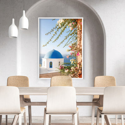 Santorini Greece View II - Art Print by Victoria's Stories, Poster, Stretched Canvas or Framed Wall Art Prints, shown framed in a room