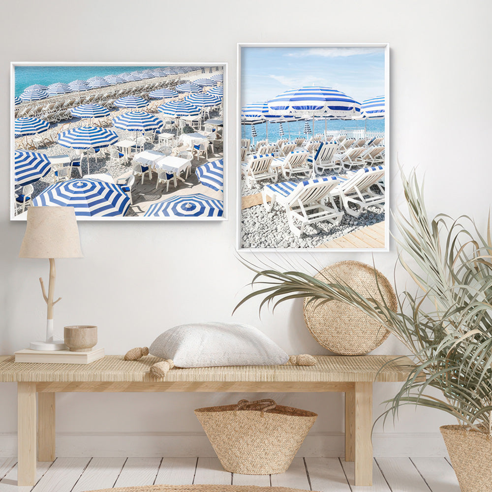 Amalfi Seaside Umbrellas V - Art Print by Victoria's Stories, Poster, Stretched Canvas or Framed Wall Art, shown framed in a home interior space