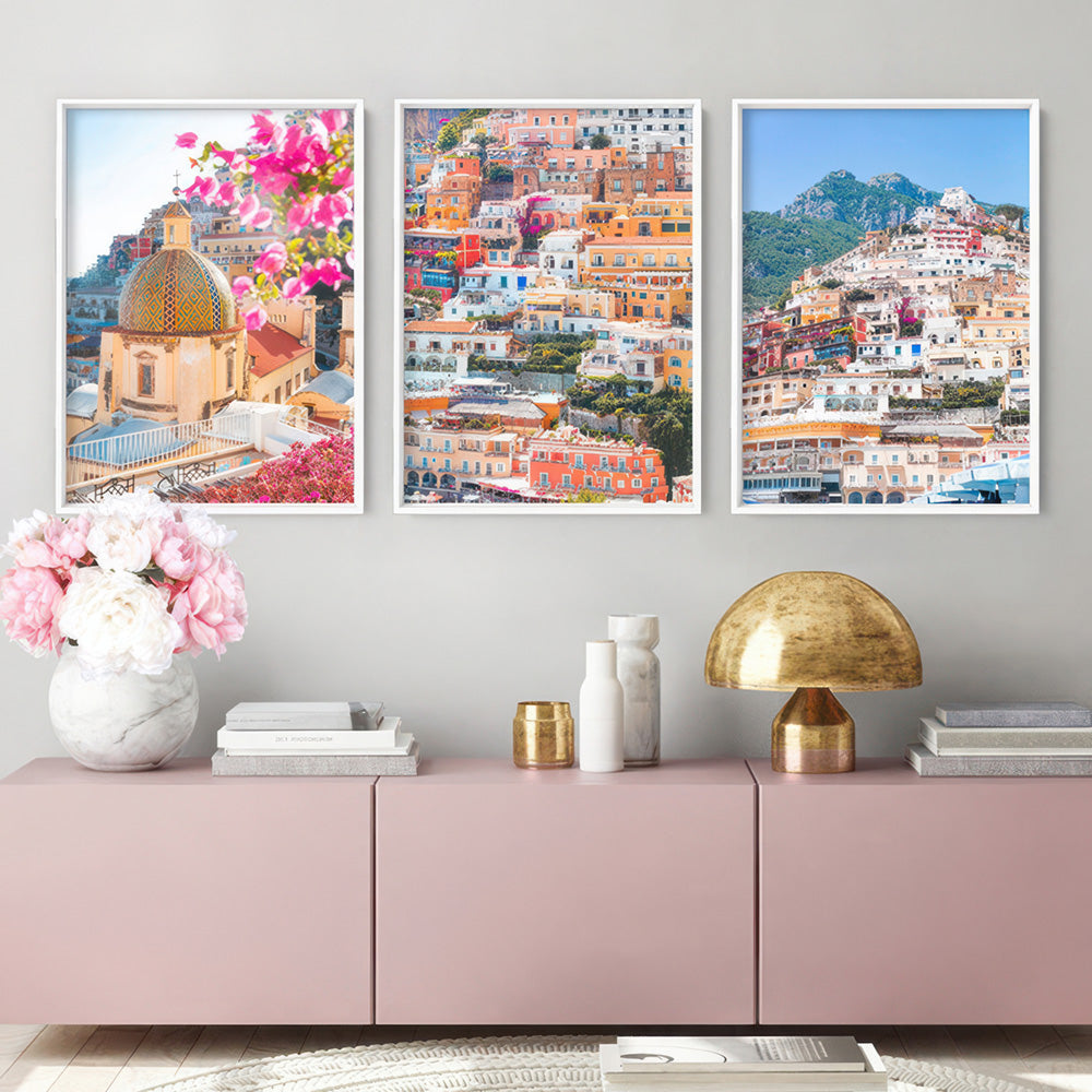 Positano Church in Blush II - Art Print by Victoria's Stories, Poster, Stretched Canvas or Framed Wall Art, shown framed in a home interior space