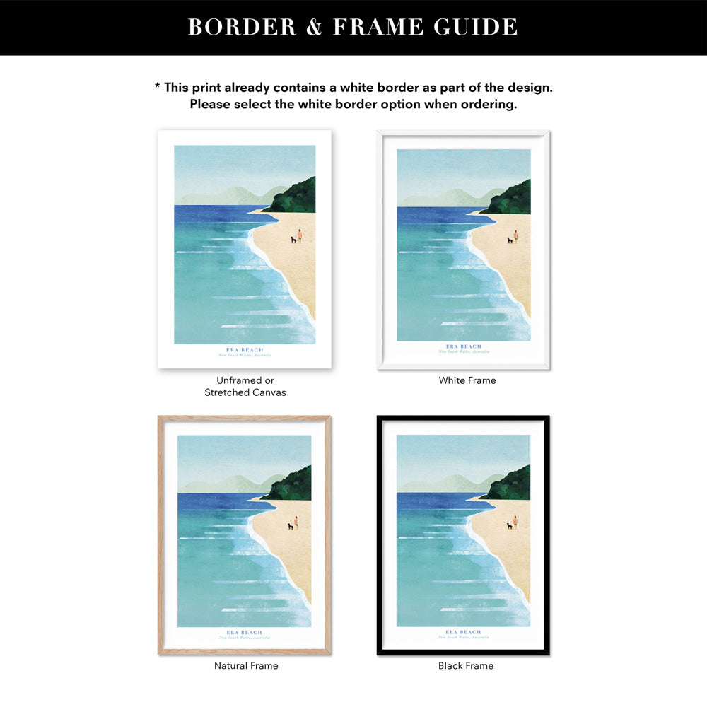 Era Beach Illustration - Art Print by Henry Rivers, Poster, Stretched Canvas or Framed Wall Art, Showing White , Black, Natural Frame Colours, No Frame (Unframed) or Stretched Canvas, and With or Without White Borders