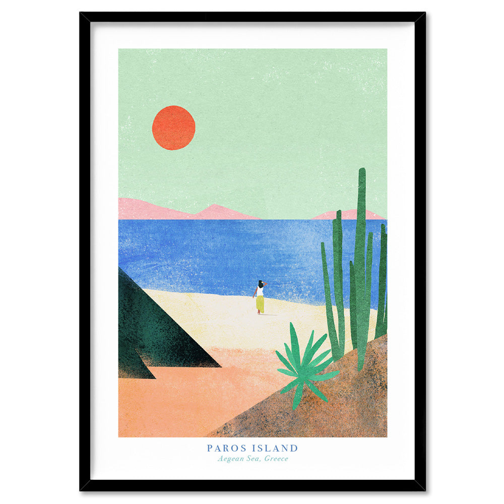 Paros Island Greece Illustration - Art Print by Henry Rivers, Poster, Stretched Canvas, or Framed Wall Art Print, shown in a black frame