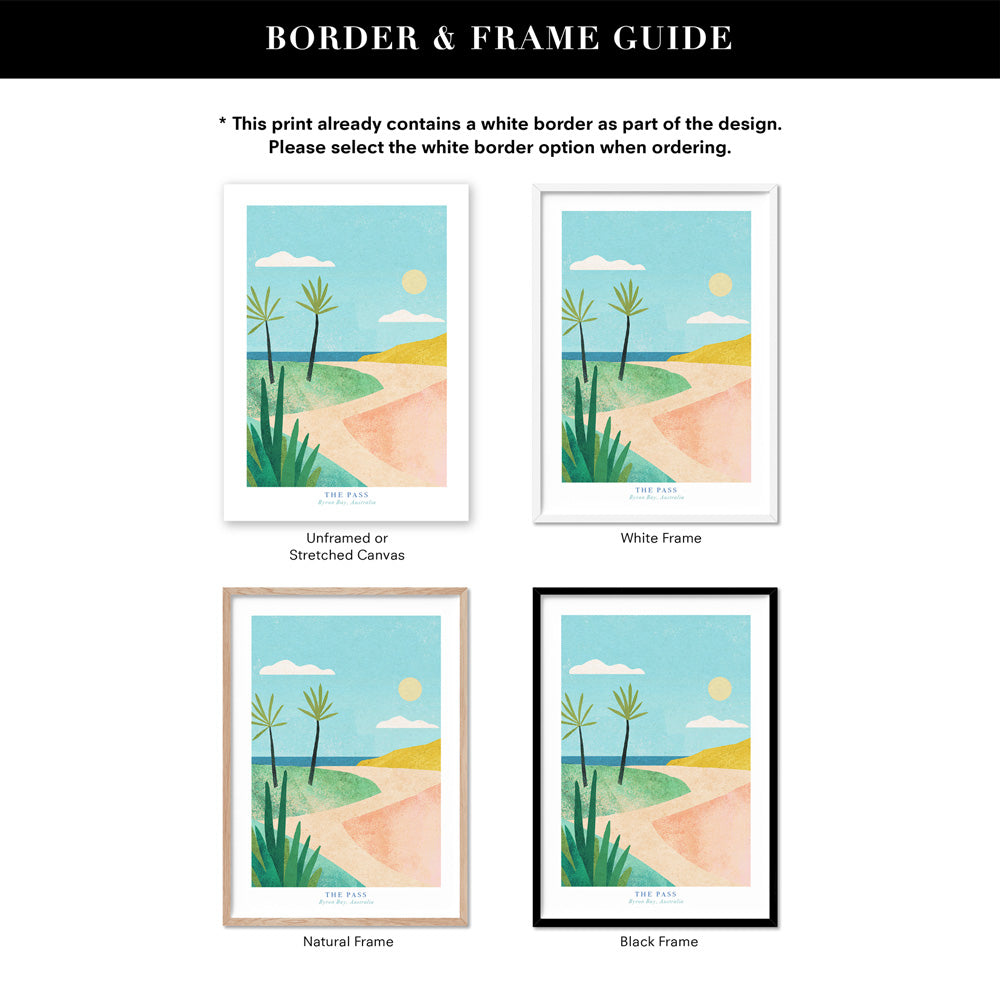The Pass Byron Bay Illustration - Art Print by Henry Rivers, Poster, Stretched Canvas or Framed Wall Art, Showing White , Black, Natural Frame Colours, No Frame (Unframed) or Stretched Canvas, and With or Without White Borders