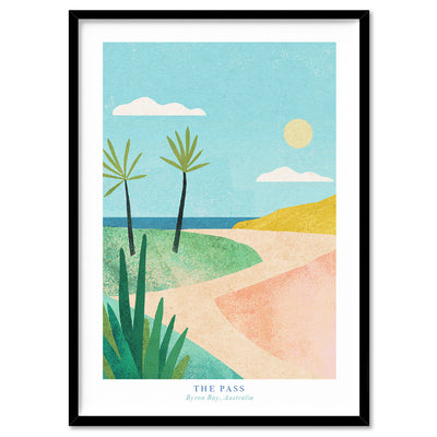 The Pass Byron Bay Illustration - Art Print by Henry Rivers, Poster, Stretched Canvas, or Framed Wall Art Print, shown in a black frame