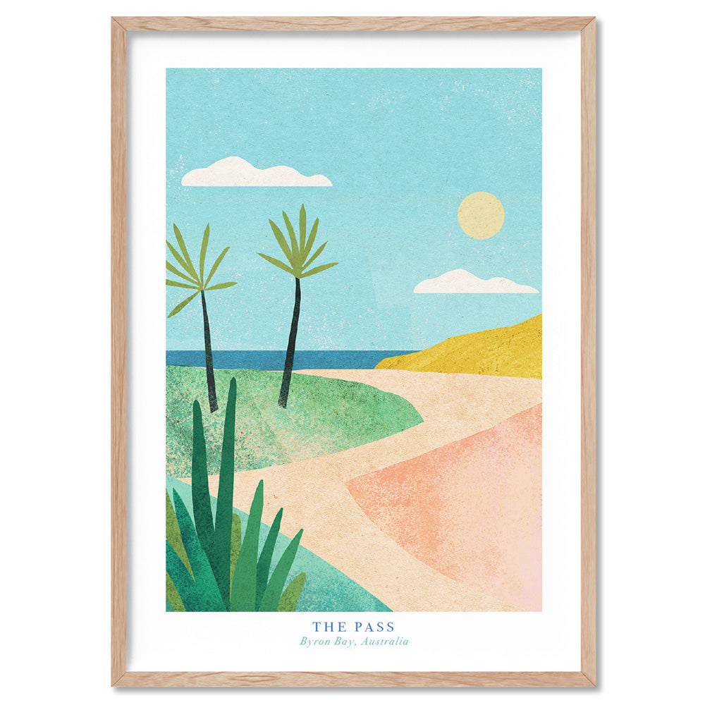 The Pass Byron Bay Illustration - Art Print by Henry Rivers, Poster, Stretched Canvas, or Framed Wall Art Print, shown in a natural timber frame