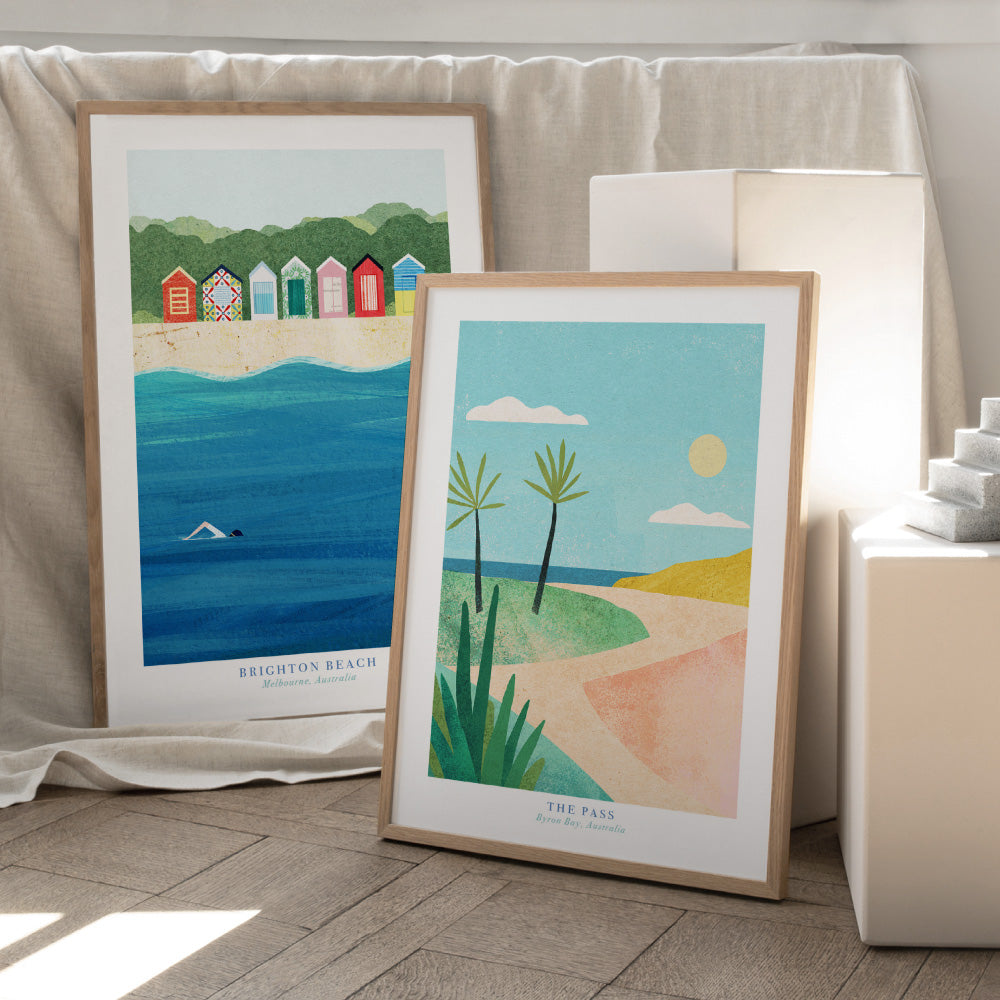 The Pass Byron Bay Illustration - Art Print by Henry Rivers, Poster, Stretched Canvas or Framed Wall Art, shown framed in a home interior space