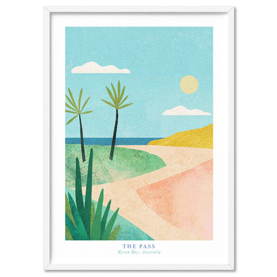 The Pass Byron Bay Illustration - Art Print by Henry Rivers, Poster, Stretched Canvas, or Framed Wall Art Print, shown in a white frame