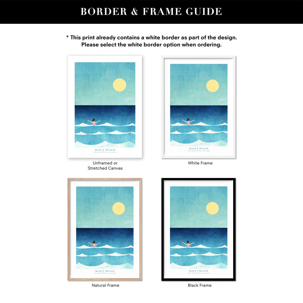 Manly Beach Illustration - Art Print by Henry Rivers, Poster, Stretched Canvas or Framed Wall Art, Showing White , Black, Natural Frame Colours, No Frame (Unframed) or Stretched Canvas, and With or Without White Borders