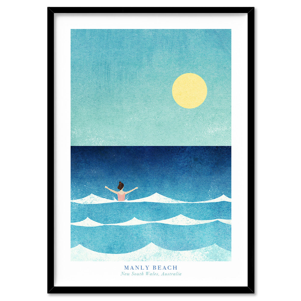 Manly Beach Illustration - Art Print by Henry Rivers, Poster, Stretched Canvas, or Framed Wall Art Print, shown in a black frame