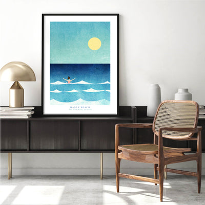 Manly Beach Illustration - Art Print by Henry Rivers, Poster, Stretched Canvas or Framed Wall Art Prints, shown framed in a room
