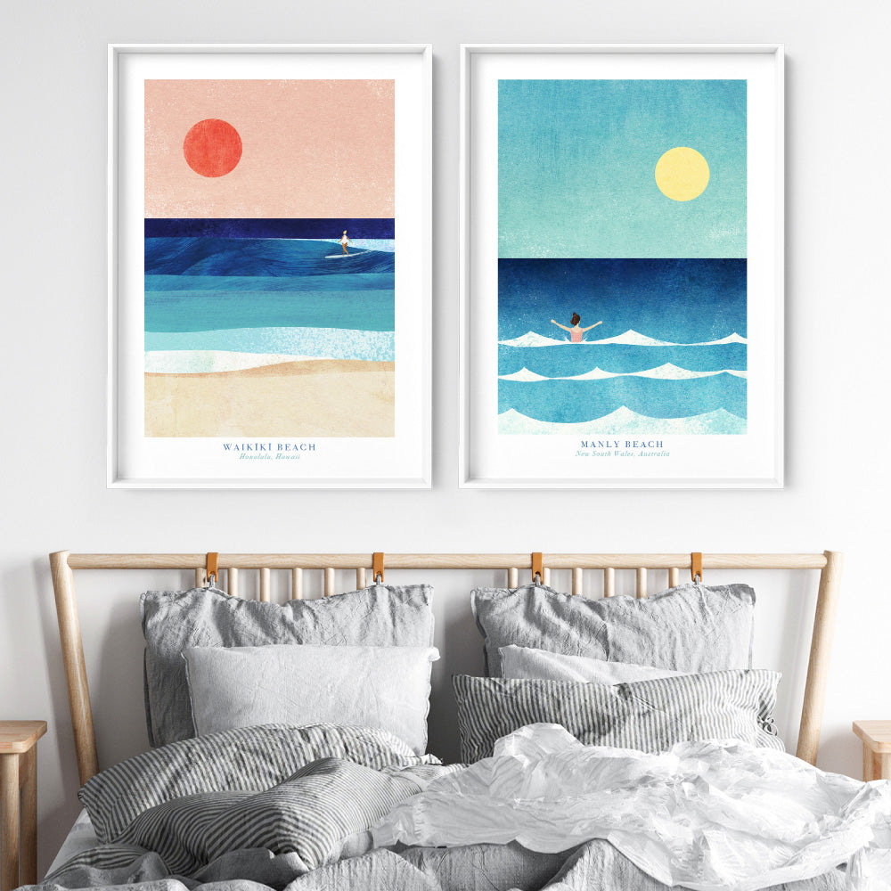 Manly Beach Illustration - Art Print by Henry Rivers, Poster, Stretched Canvas or Framed Wall Art, shown framed in a home interior space