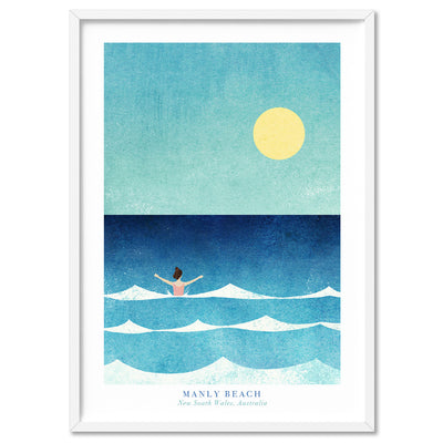 Manly Beach Illustration - Art Print by Henry Rivers, Poster, Stretched Canvas, or Framed Wall Art Print, shown in a white frame
