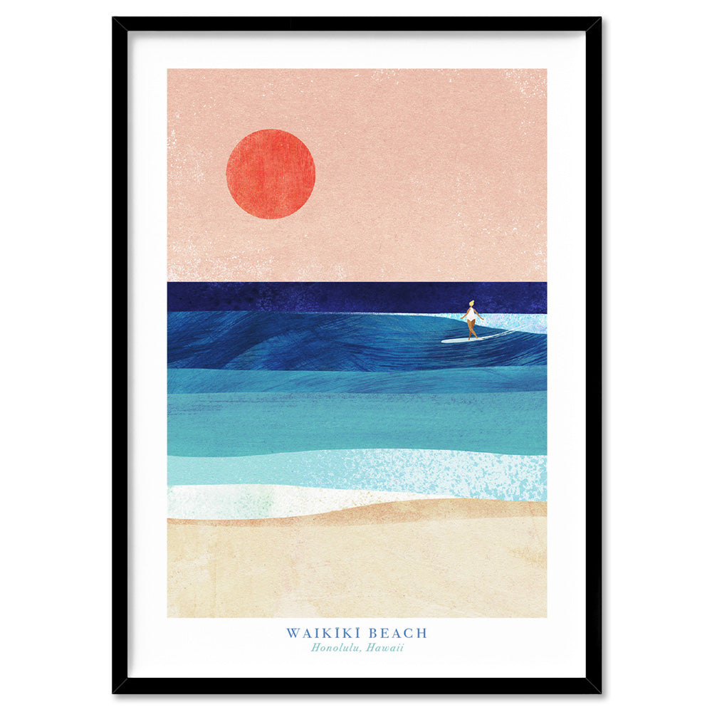 Waikiki Beach Illustration - Art Print by Henry Rivers, Poster, Stretched Canvas, or Framed Wall Art Print, shown in a black frame