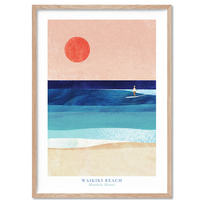 Waikiki Beach Illustration - Art Print by Henry Rivers, Poster, Stretched Canvas, or Framed Wall Art Print, shown in a natural timber frame
