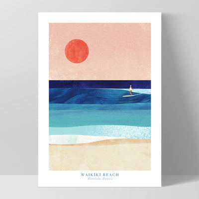 Waikiki Beach Illustration - Art Print by Henry Rivers, Poster, Stretched Canvas, or Framed Wall Art Print, shown as a stretched canvas or poster without a frame
