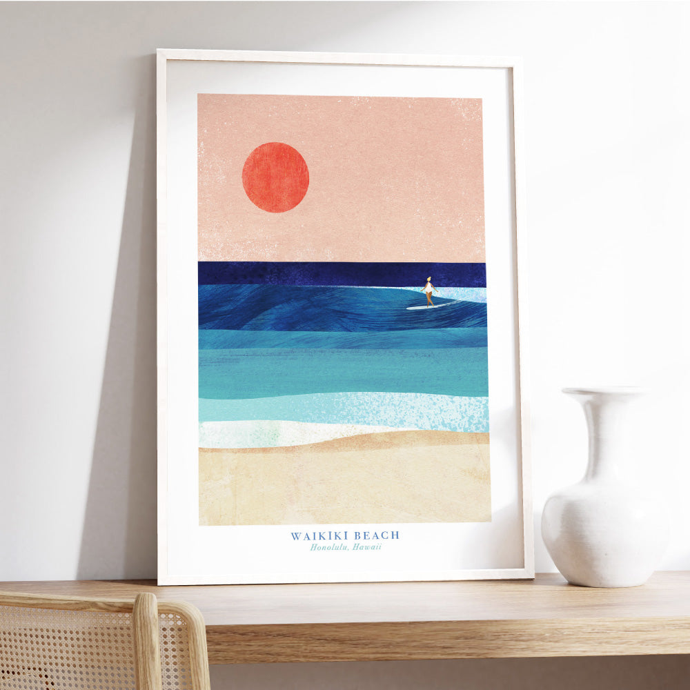 Waikiki Beach Illustration - Art Print by Henry Rivers, Poster, Stretched Canvas or Framed Wall Art Prints, shown framed in a room